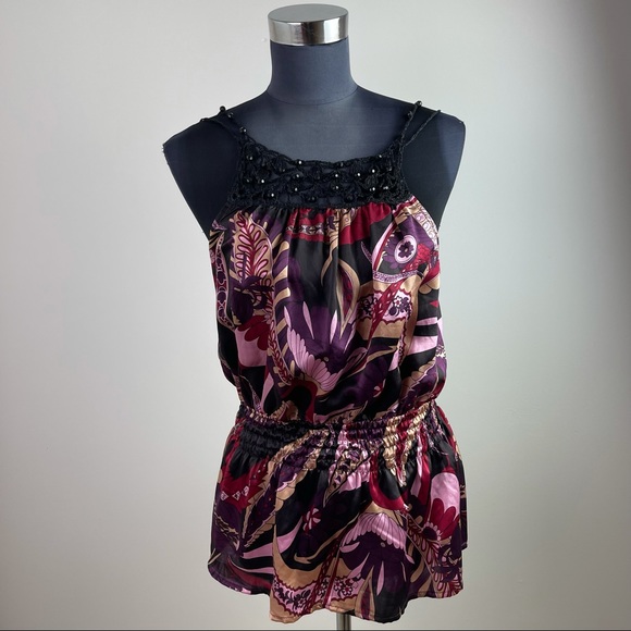 Purple Silk Floral Print Cinched Sleeveless Beaded Blouse - Picture 1 of 9